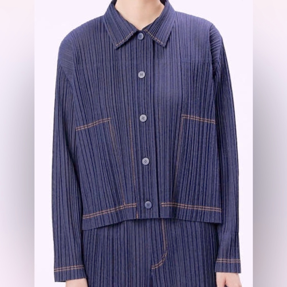 PLEATS PLEASE by Issey Miyake Ramie Denim Button Up Shirt Jacket